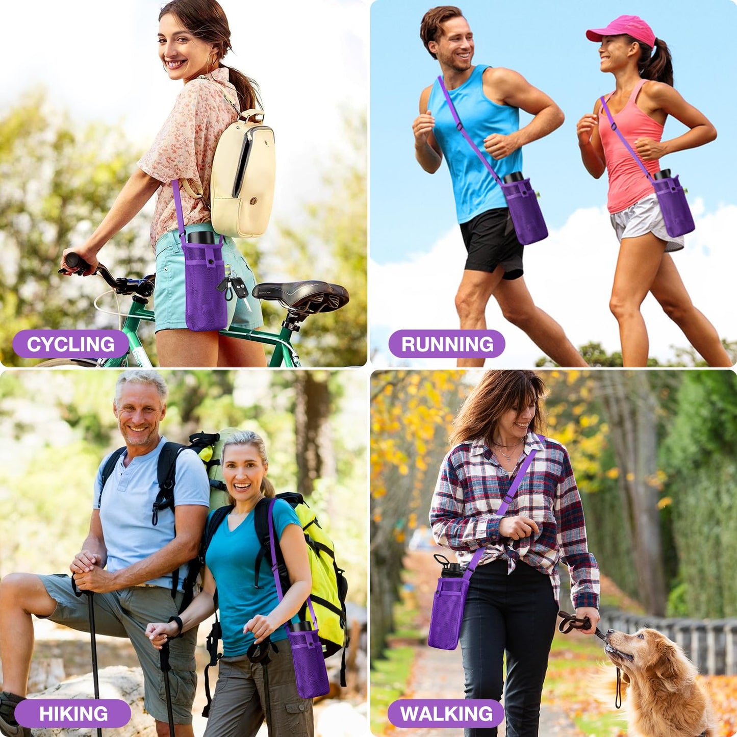 Large Water Bottle Bag with Strap, Big Mesh Water Bottle Holder Crossbody Water Sling Bag Shoulder Strap and Pocket - Lightweight Water Bottle Carrier for Walking Sports Hiking Camping (Purple)