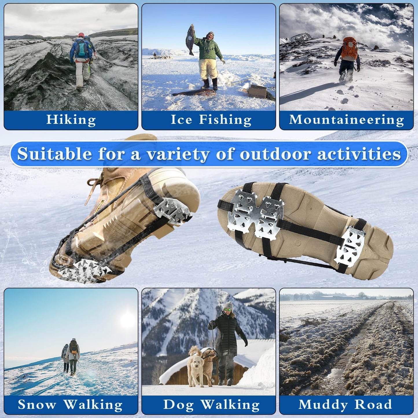 2 Pairs Crampons Ice Cleats for Shoes and Boots Universal 24 Steel Studs Snow Shoe Spikes Non Slip Snow Ice Grippers for Walking, Fishing, Climbing and Winter Hiking