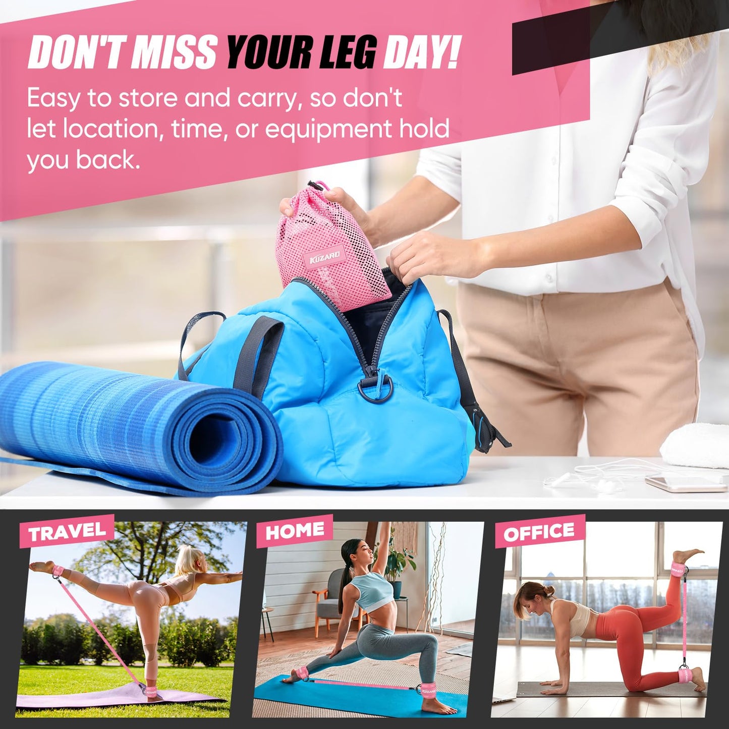KUZARO Ankle Resistance Bands with Cuffs, Ankle Weights Bands for Working Out, Women Leg and Glutes Workout Equipment, Exercise Bands for Kickbacks, Butt and Booty Trainer, Home Gym Fitness Equipment