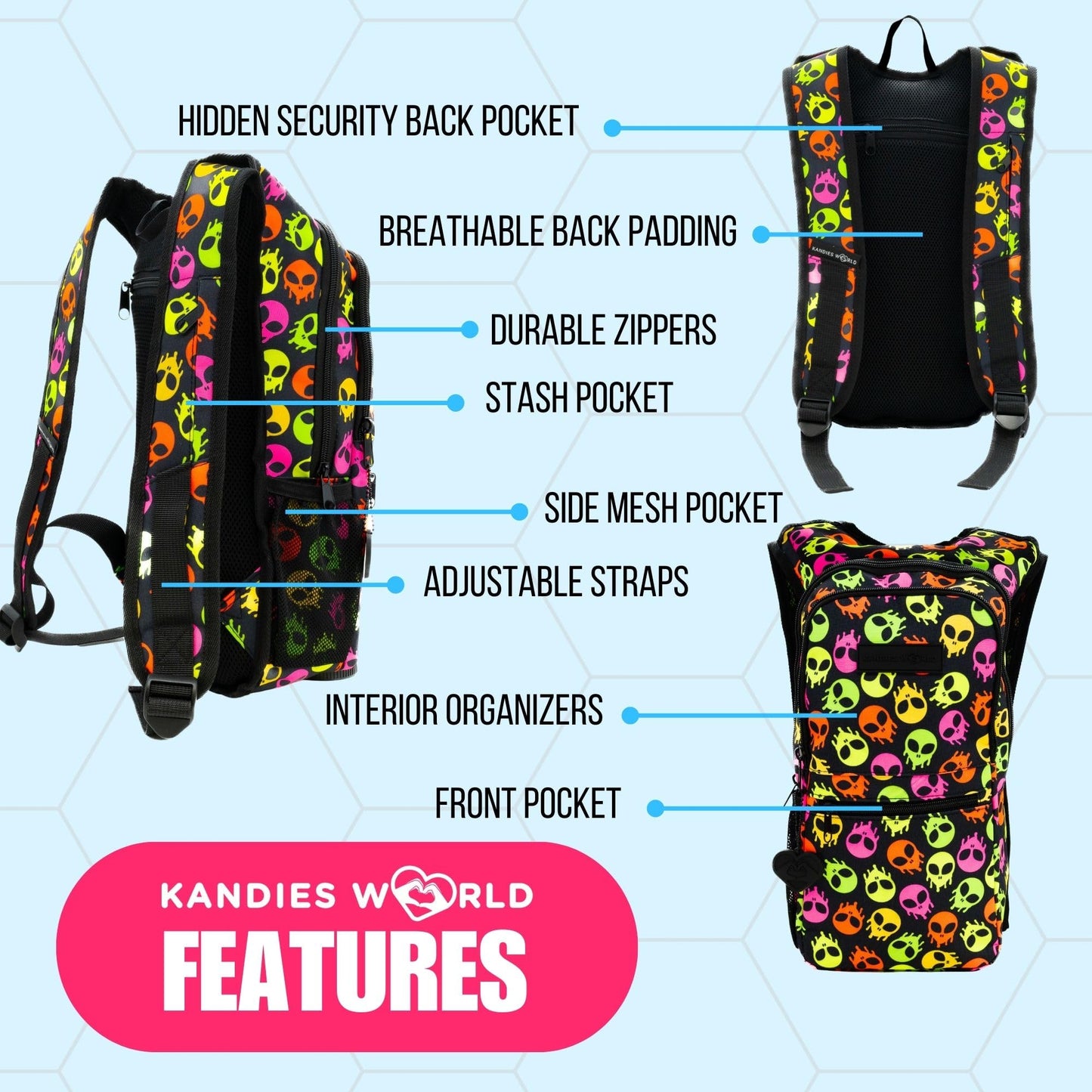 Kandies World Reflective Festival Hydration Pack - 2L Water Bladder for Raves, Hiking, Biking, Running, and More (Multi-Pocket Design) (Skull Alien)