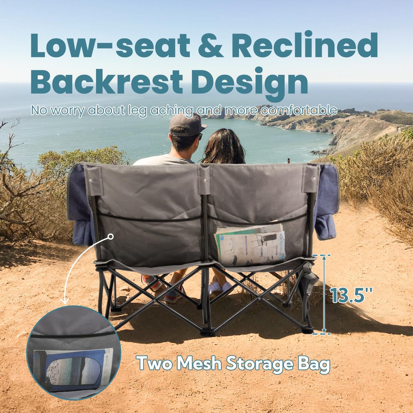 Join Nature 700lbs Capacity Double Camping Chair for 2 Adults - Low-Profile Outdoor Loveseat with XL Cup Holders & Storage Pockets, Heavy Duty Folding Couch for Camping, Lawn, Backyard (Navy Blue)