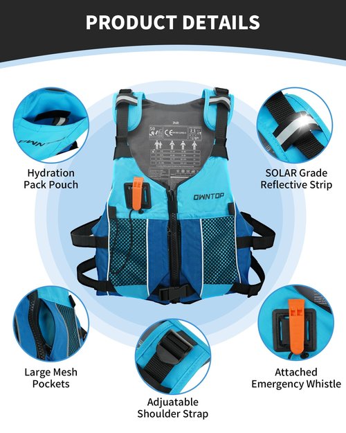 Owntop Swim Vest Youth 75-125 lbs, Lightweight Kayak Kids Swim Jacket Boys Grils, Hydration Pocket for Wakeboard, Boating, Fishing, Water Sports (Blue, XS/S)