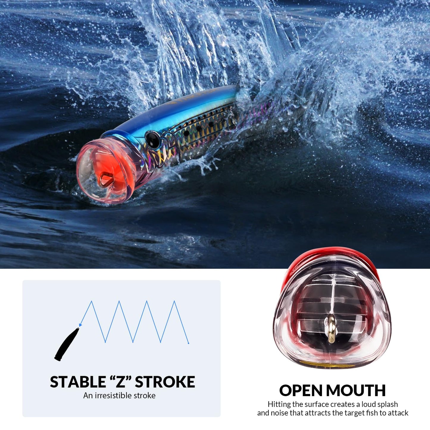 THKFISH Popper Lures Saltwater Tuna Popper Topwater Fishing Lures for Surf Fishing Bass with 3D Eyes for GT Tuna Large Fish 5.9in RED-1PC
