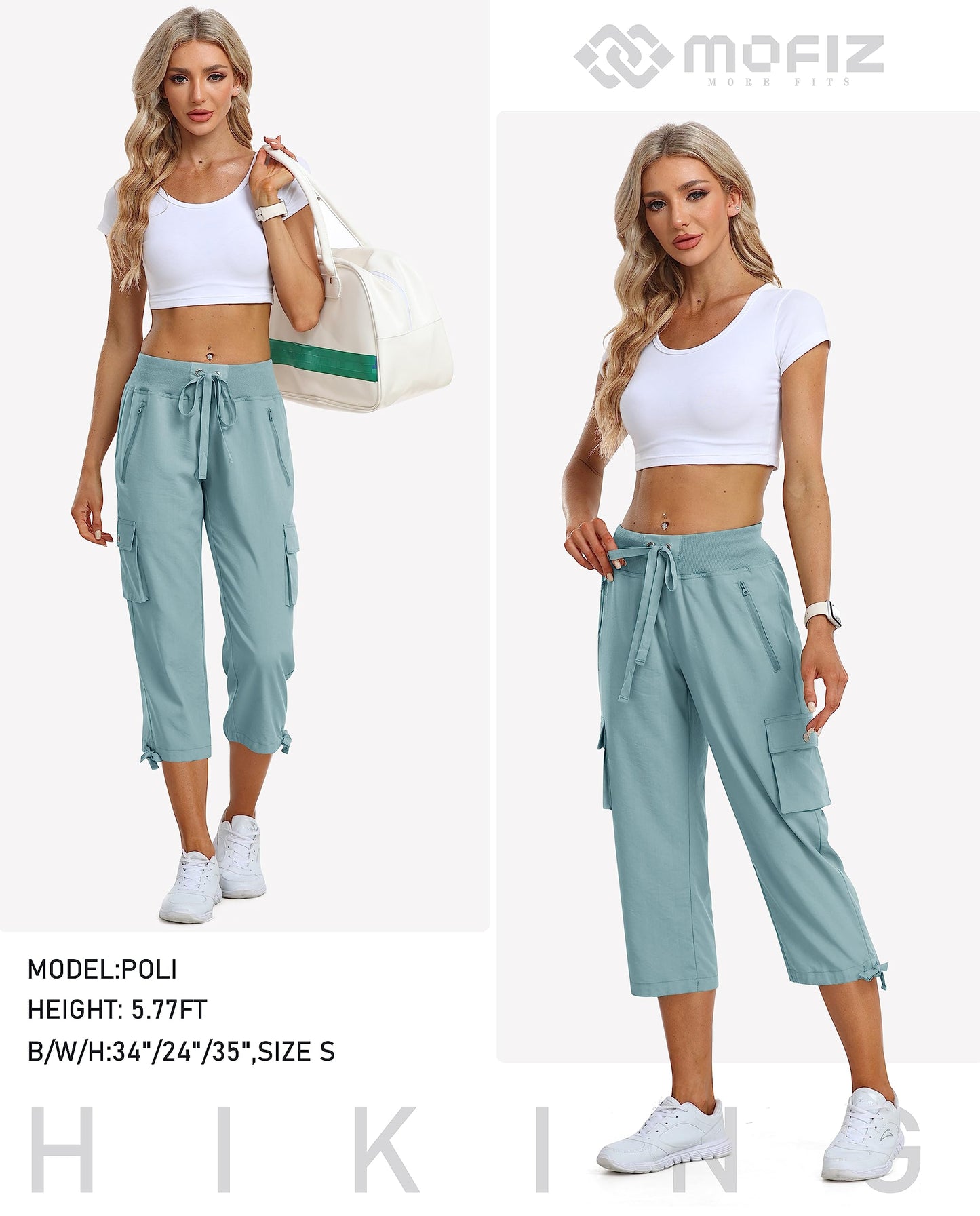 MoFiz Capris for Women Cargo Hiking Pants Lightweight Quick Dry Running Athletic Workout Casual Outdoor Pants with Pockets Grey Blue XL