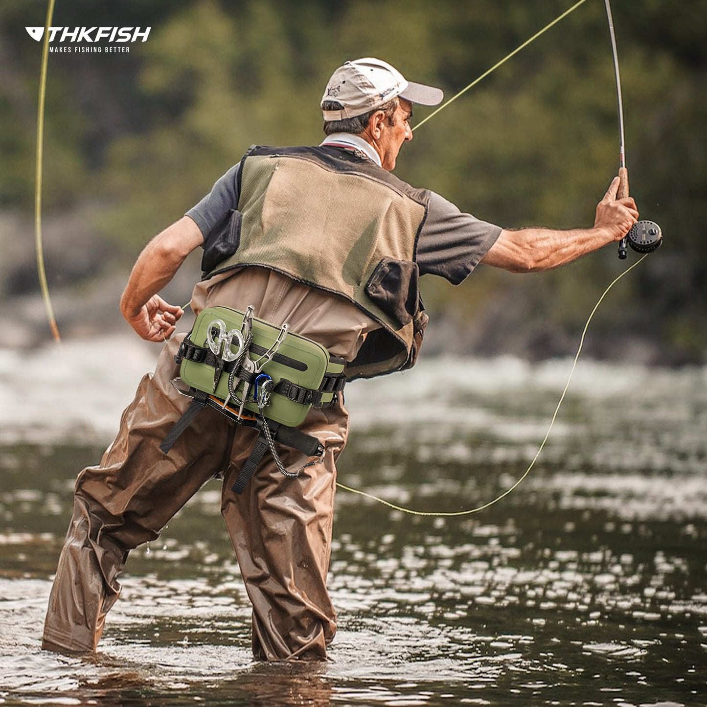 thkfish Waterproof Fishing Waist Pack,Fishing Tackle Bag Fanny Pack with Adjustable Strap Fishing Rod Holder,Airtight Zipper Closure,Lightweight Sling Fishing Waist Bag for Fly Fishing, Kayaking