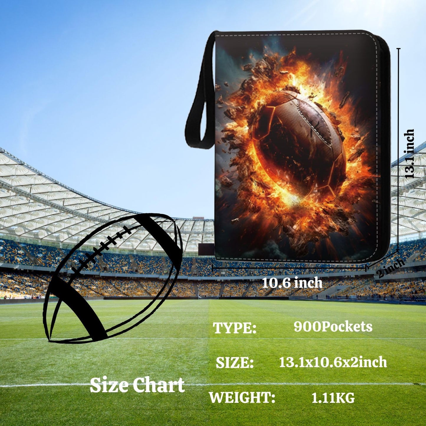 2025 Football Card Binder Trading Card Binder Holder 900 Pockets, Fits 900 Cards with 50 Removable Pages, Football Card Gifts Collector Album with Zipper Storage Display Case
