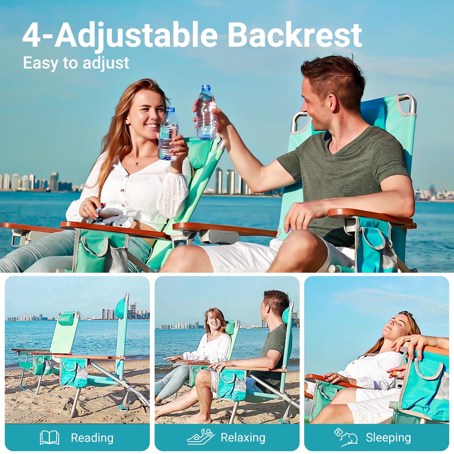 #WEJOY Folding Beach Chair for Adults 4 Position Aluminum Beach Chair with Headrest, Wooden Armrests, Cup Holder for Outdoor Camp Lawn Picnic BBQ Support 300LBS Backpack Folding Reclining Beach Chairs