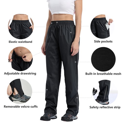 Women's Rain Pants Waterproof Hiking Pants, Lightweight Windproof Rain Over Pants for Golf, Fishing, Hiking, Outdoor Work (Black, XL)