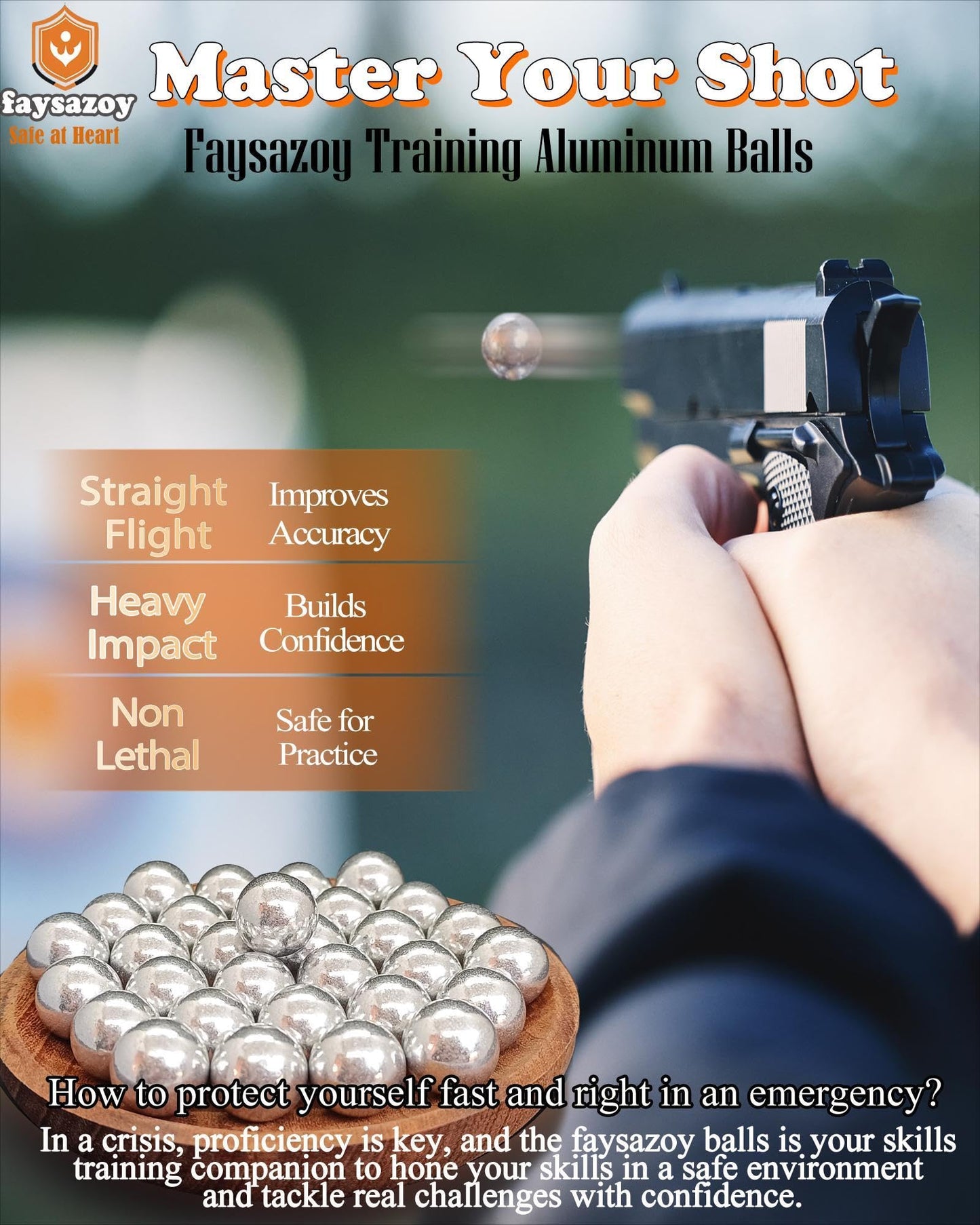 Faysazoy 50 x .68 Caliber Self Defense Balls & Projectiles, 7.3g, Hard - Reusable 0.68 Caliber Aluminum Balls for Home Defense, Practice, and Training (50)