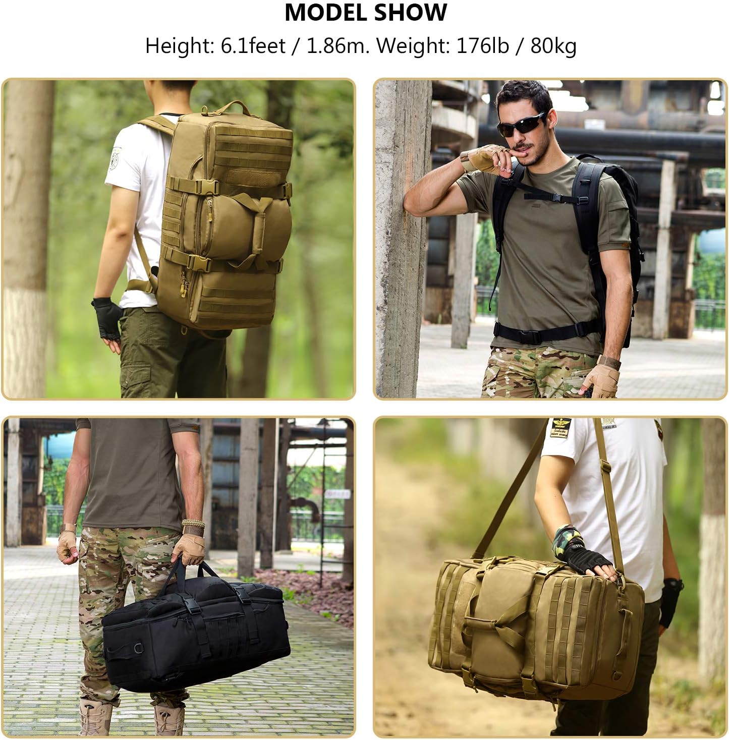 ArcEnCiel60L Outdoor Tactical Duffel Backpack Military Waterproof Suitcase Sport Luggage Hiking Camping Bag(Rain Cover+Patch)