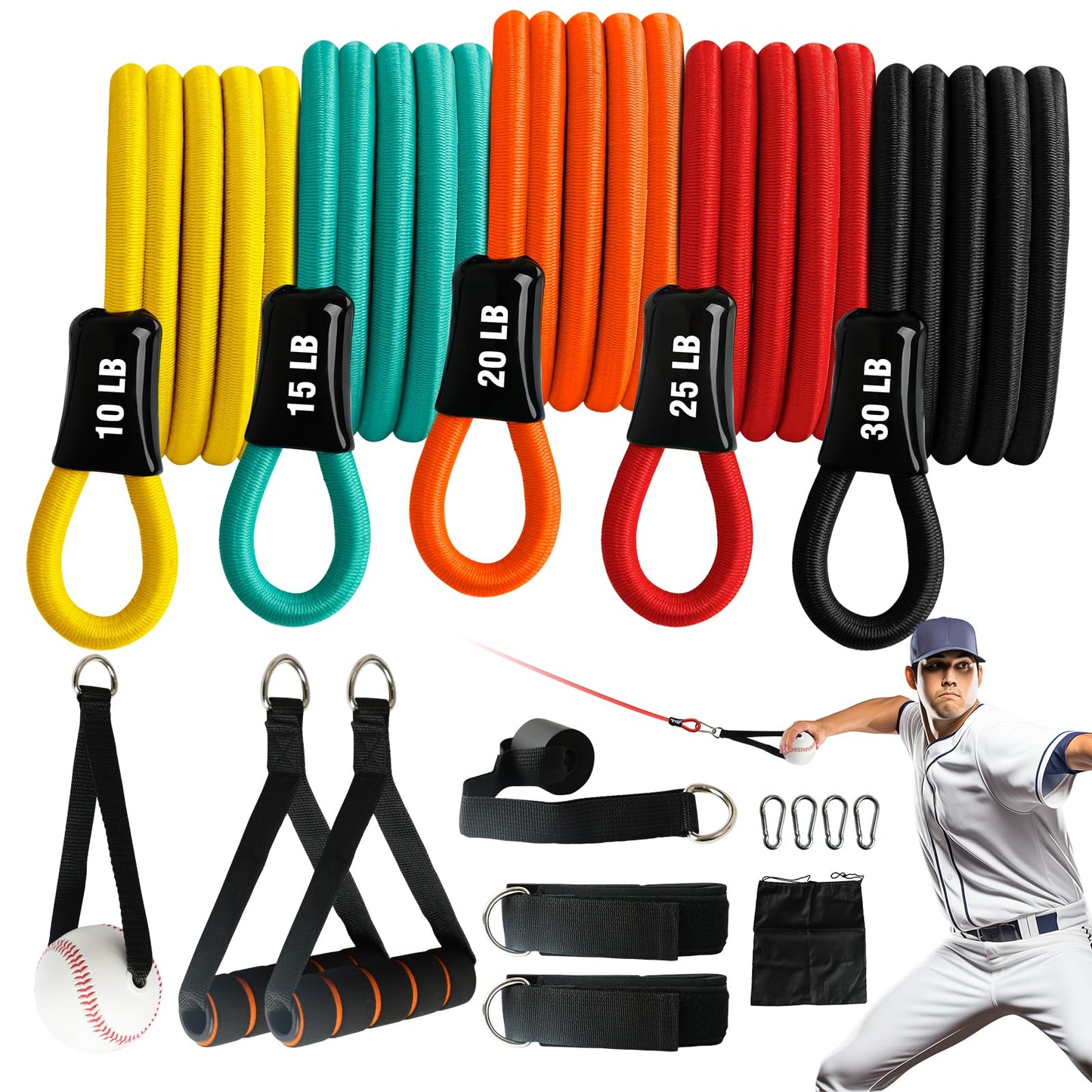 JWHOO Baseball Bands, 16 Pcs, Highly Elastic & Durable Arm Bands, Resistance Trainer with Interchangeable Grips, Ideal for Training, Warm-Ups & Learning