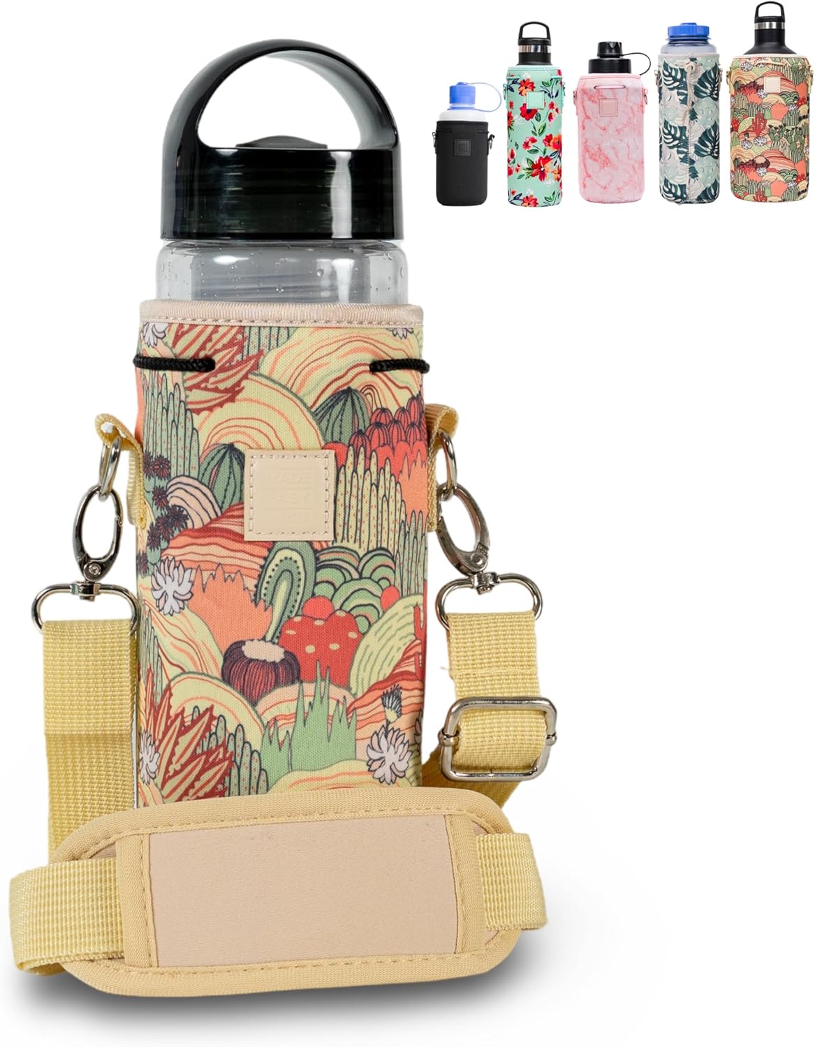 Insulated Neoprene Water Bottle Carrier | Adjustable Sling Pouch | Black, Large