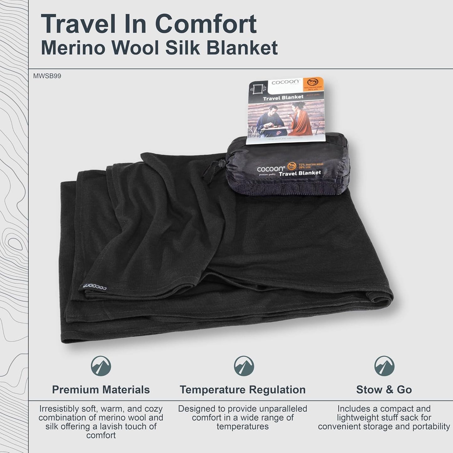 cocoon - Premium - Merino Wool/Silk Travel Blanket - Cozy, Soft, Warm, Lightweight - Graphite Grey