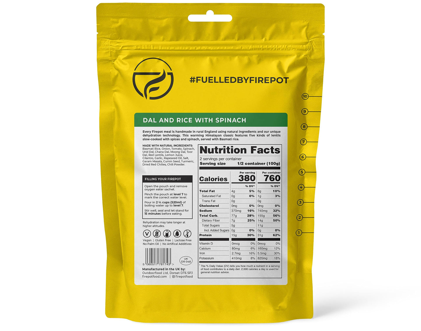 FIREPOT Dal and Rice with Spinach - Healthy Plant Based Dehydrated Camping & Backpacking Meals (2 Servings)