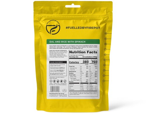 FIREPOT Dal and Rice with Spinach - Healthy Plant Based Dehydrated Camping & Backpacking Meals (2 Servings)