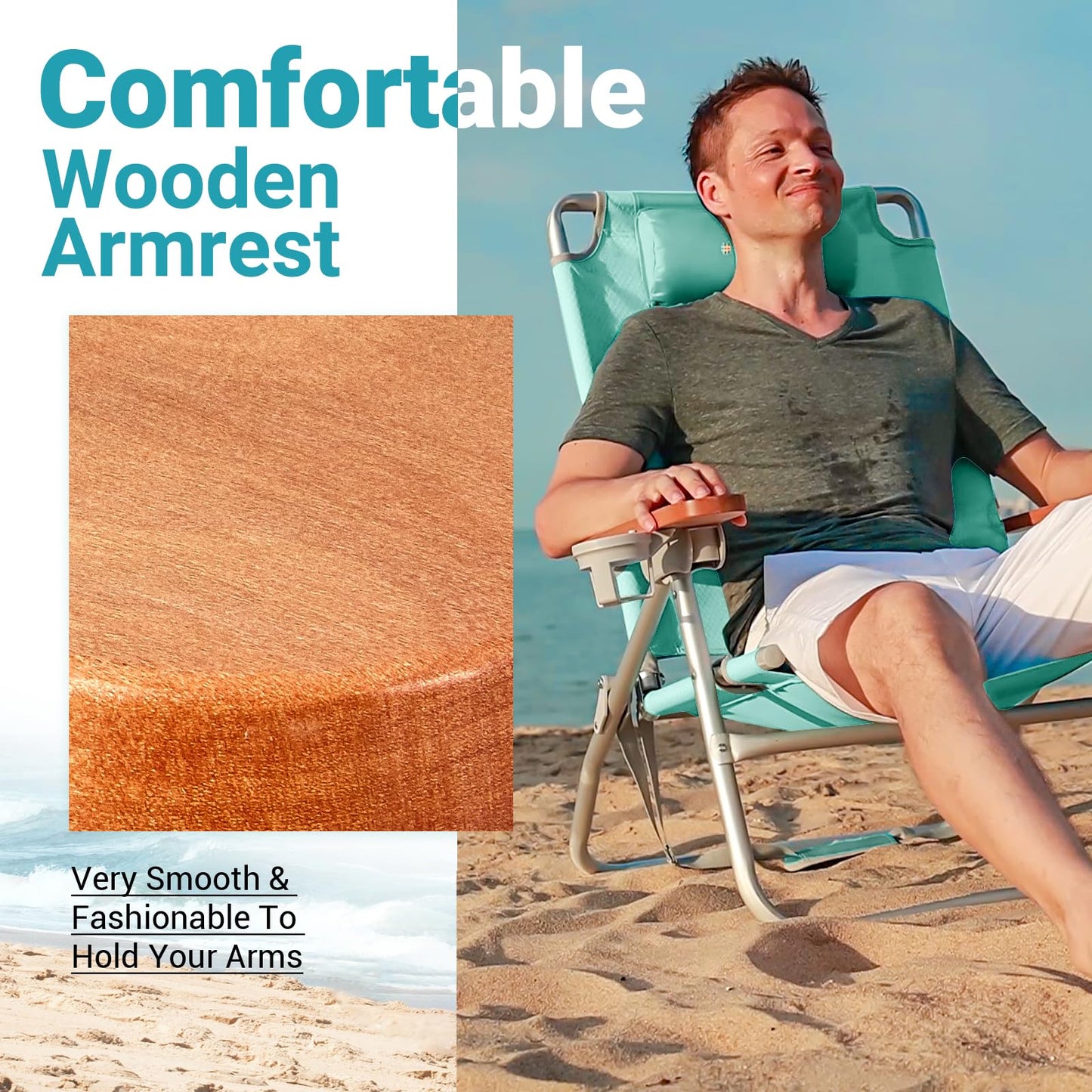 #WEJOY Folding Beach Chair for Adults 4 Position Aluminum Beach Chair with Headrest, Wooden Armrests, Cup Holder for Outdoor Camp Lawn Picnic BBQ Support 300LBS Backpack Folding Reclining Beach Chairs