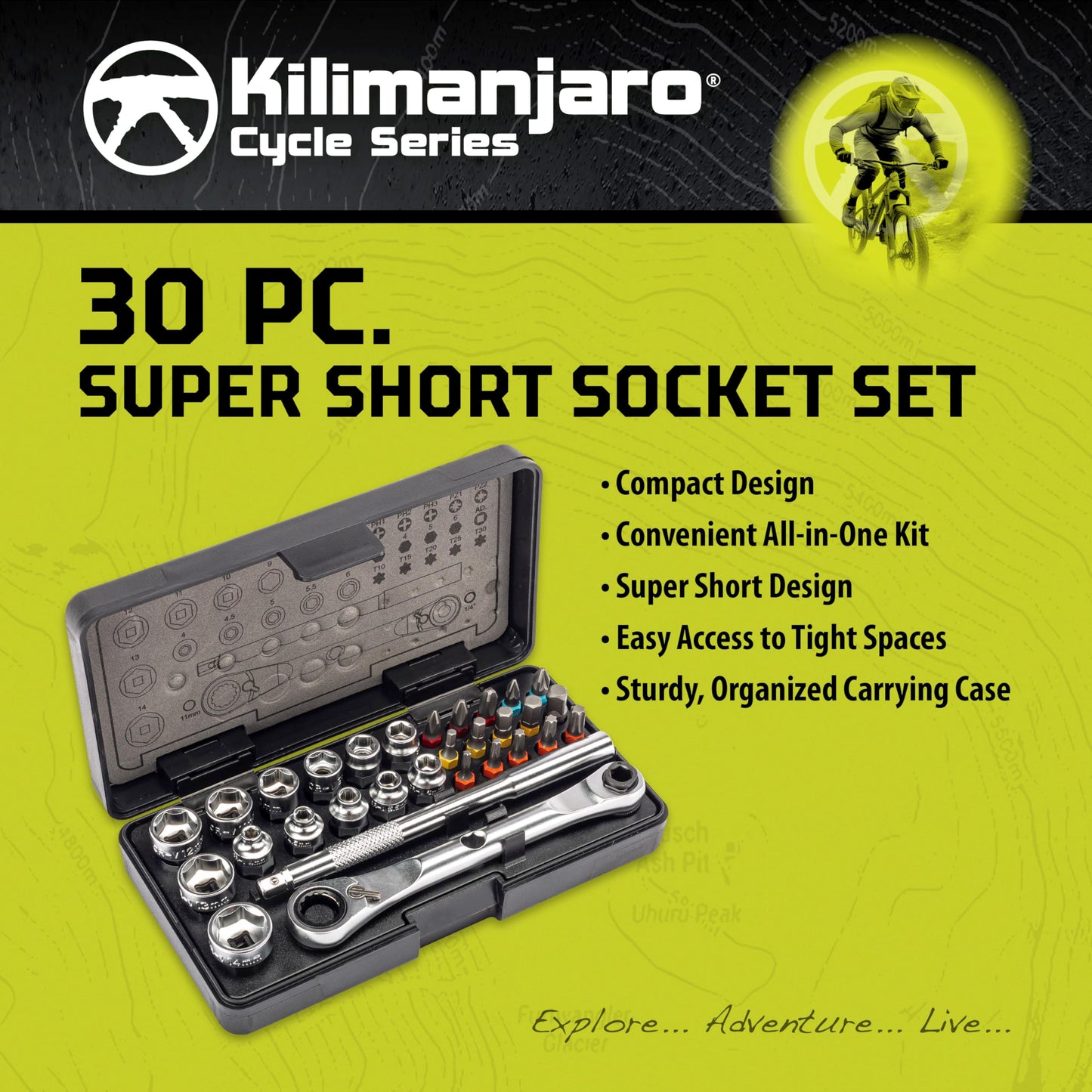 Kilimanjaro 30-Piece Bicycle Double Ratchet Wrench and Socket Set – Super Short Bike Tool Kit with Ratchet Wrench, Hex, Torx & Bits for Tight Spaces – Compact & Portable Maintenance Kit – 910547ECE