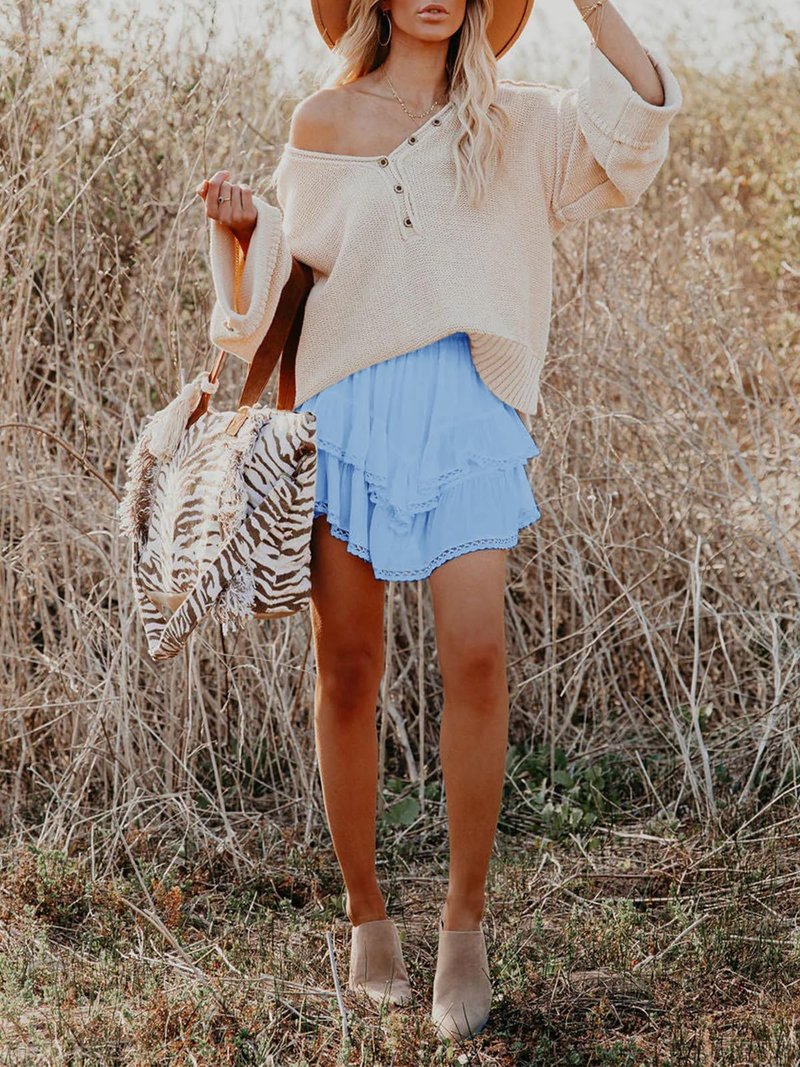 Aoudery Flowy Shorts for Women Casual Boho Ruffle Tiered Skorts High Waist Mini Skirts Golf Tennis Butterfly Crochet Shorts - Sky Blue XS