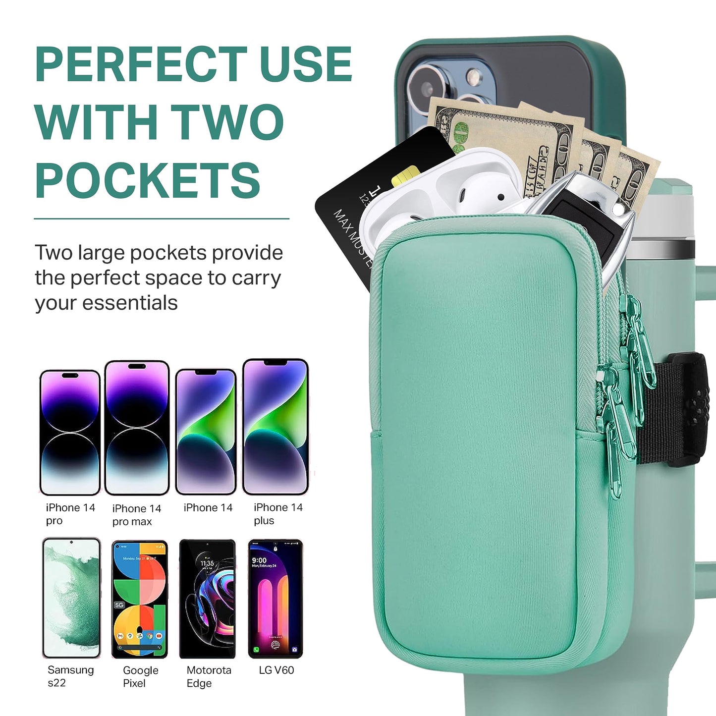 Water Bottle Pouch For Stanley Quencher Adventure 40oz - Stanley Cup Accessories - Tumbler Pouch - Stanley IceFlow 30oz - Gym Tumbler Accessories for Women - Perfect Size for All Phones (BLACK)
