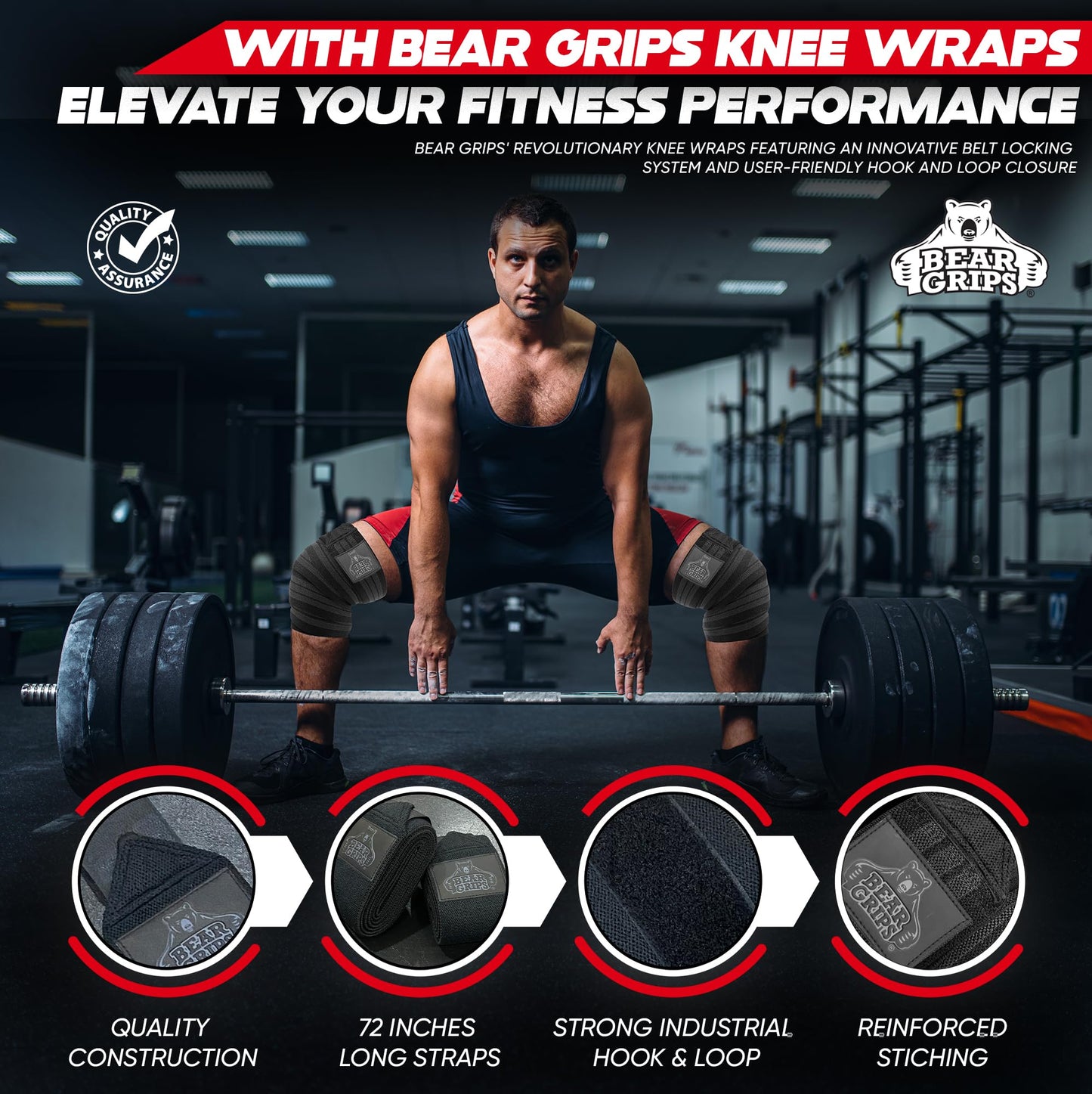 Bear Grips Knee Wraps - Heavy Duty Knee Brace Pair Compression and Elastic Support for Squats, Weightlifting, Powerlifting - Home Gym Workout Equipment Knee Support for Men and Women (Black and Gray)