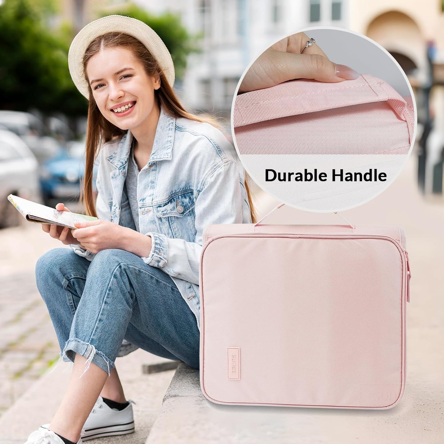 SUNEE Zippered Binder Bag with Handle, 2-Inch 3-Ring O-Ring, 500-Sheet Capacity, Includes Zip Pocket, 5-Tab Expanding File Folder, Multi-Pocket Organizer Binder for Middle School, Pink Lotus