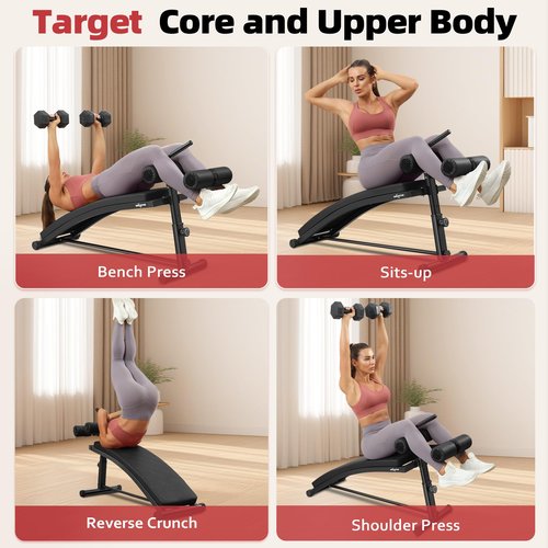 BODY RHYTHM Sit Up Bench with 3 Adjustable Heights and Reverse Crunch Handle, Curved Ab Workout Bench for Home Gym, Adjustable Weight Bench for Core Workouts and Decline Bench Press, Suitable for Individuals Up to 5.9ft Tall. (Black)