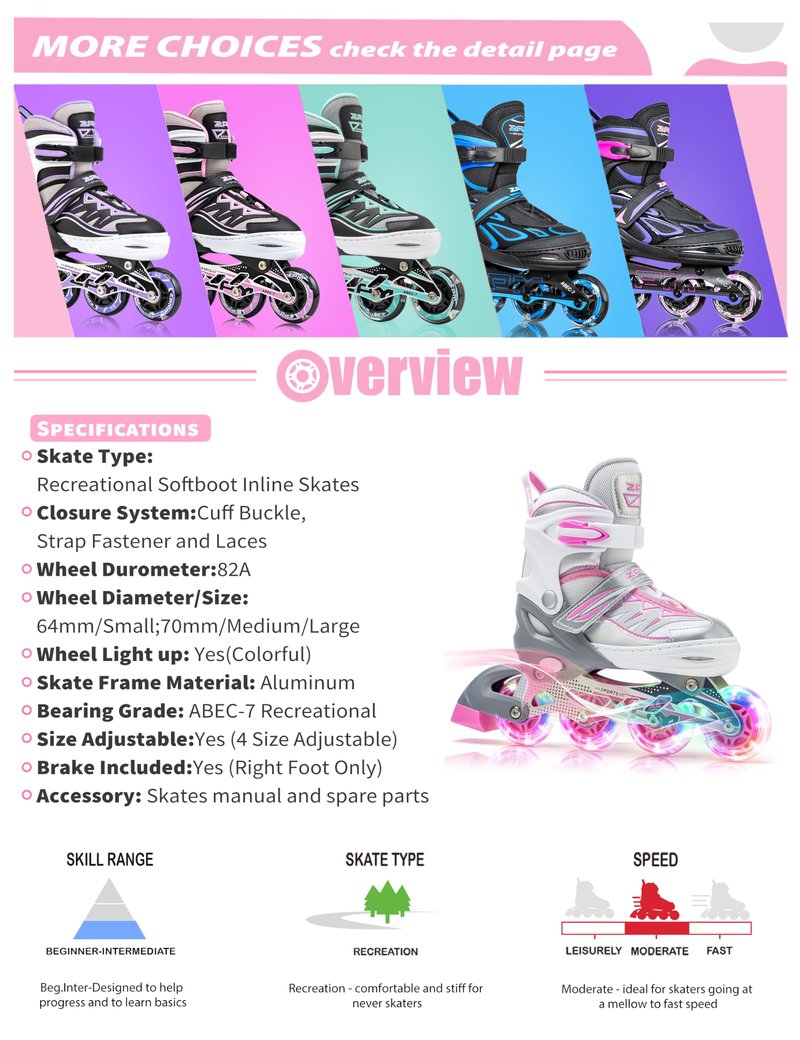 2PM SPORTS Cytia Pink Girls Adjustable Illuminating Inline Skates with Light up Wheels, Fun Flashing Beginner Roller Skates for Kids (Silver, Small - Little Kids (10C-12.5C US))