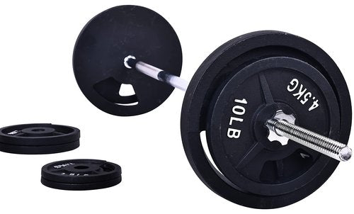 Fitvids Cast Iron Standard Weight Plates Including 5FT Standard Barbell with Star Locks, 95-Pound Set (85 Pounds Plates + 10 Pounds Barbell), Multiple Packages, Style #7
