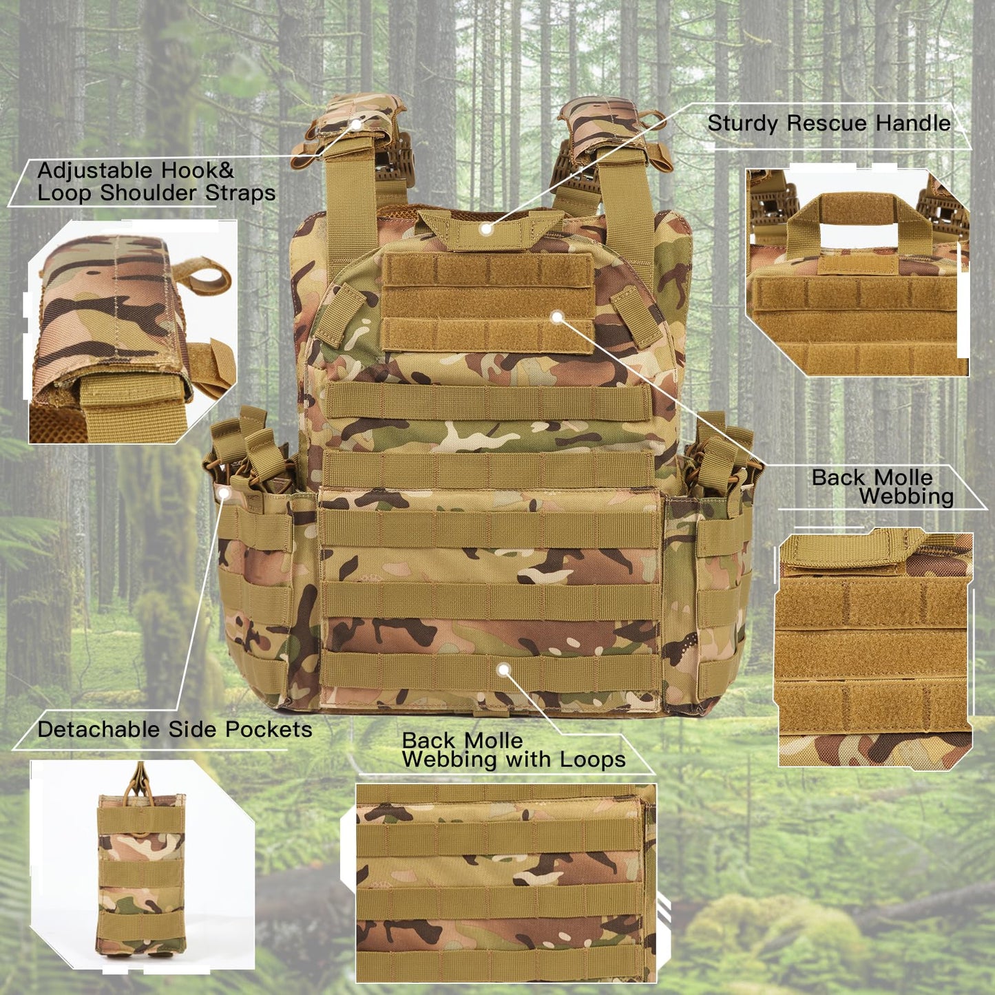 KESONS Quick Release Tactical Vest Adjustable Lightweight Breathable Weighted Vest for Training Outdoor Activities 1000D CP