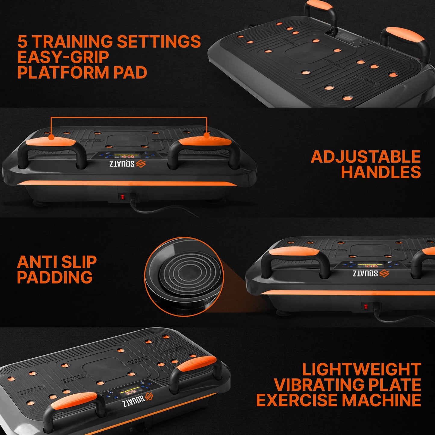 SQUATZ Vibration Plate Exercise Machine Set - Standing Vibrating Platform for Pain Relief, Lymphatic Drainage and Weight Loss - Board Includes 5pcs. Resistance Bands and Pilates Rod