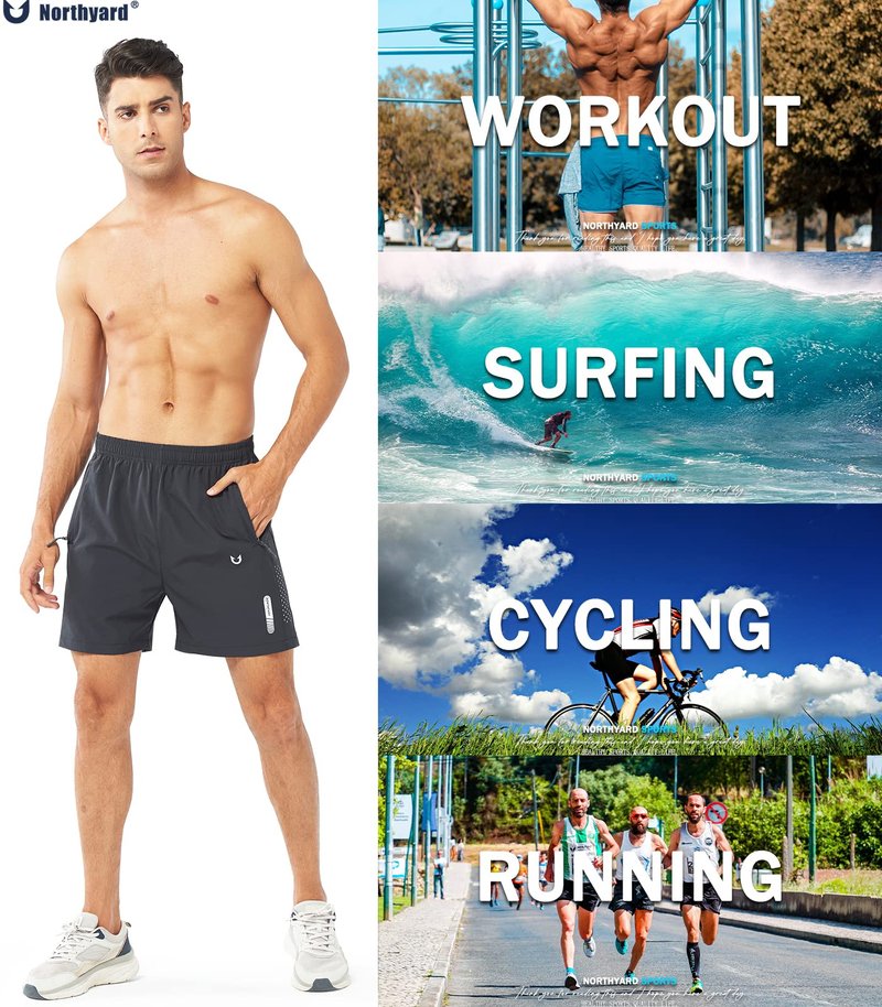 NORTHYARD Men's Athletic Running Shorts Gym Workout 7"/9"/5" Quick Dry Lightweight Sports Basketball Tennis 3 Zipper Pockets DARKGREY-5inch 4XL