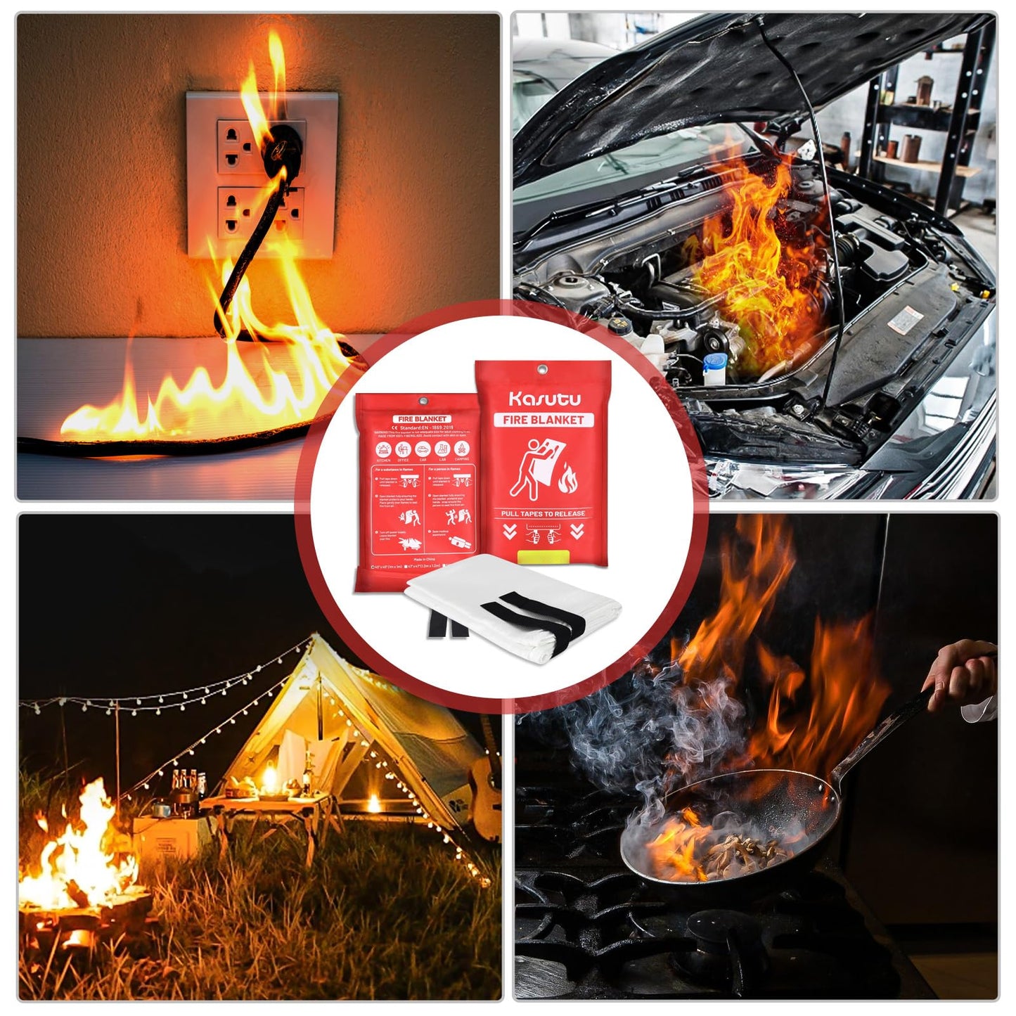 Kasutu 2 Pack Emergency Fire Blanket, 40"x40" Fiberglass Fire Suppression Blanket with 2 Hooks, Flame Prevention Supplies for Home Kitchen Office Car Camping Grill