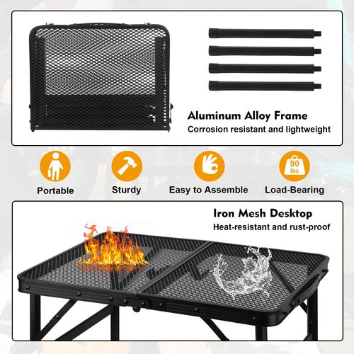 GREGIN Camping Table with Mesh Desktop, Lightweight & Portable Small Folding Grill Table, Height Adjustable Metal Outdoor Table for Camp, Cooking, BBQ, RV, Picnic-2 FT Black