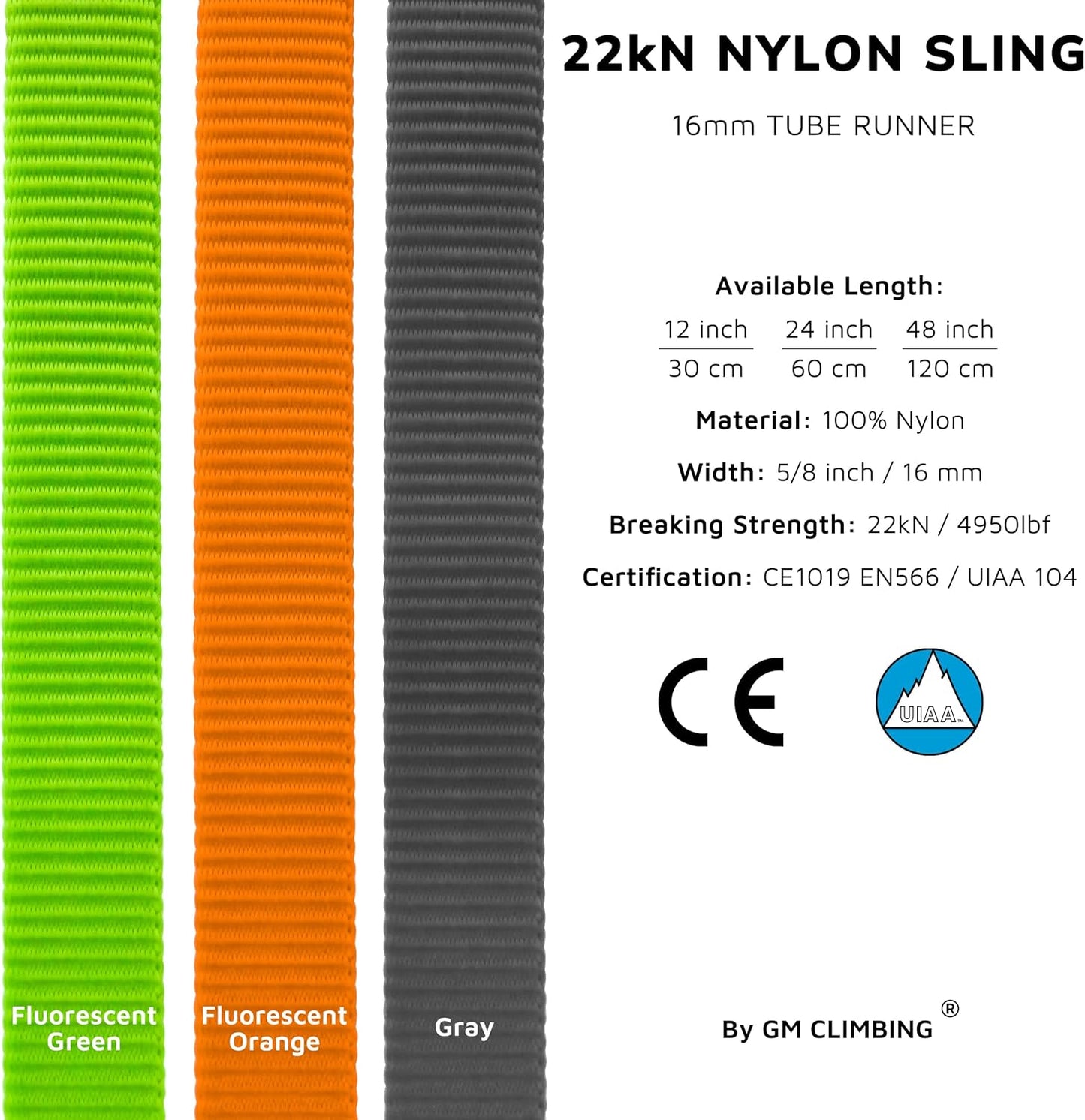 16mm Nylon Sling Runner - GM CLIMBING 22kN / 4950lbf CE UIAA Certified for Climbing