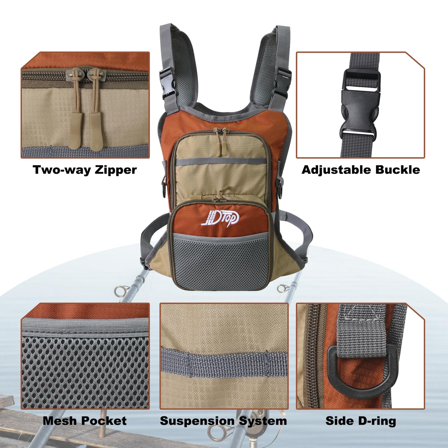 JLDTOP Fly Fishing Chest Pack, Lightweight Fishing Backpack, Fishing Tackle Storage Fits Up to Hold Fly Boxes, Fishing Accessories for Men(Orange + Gray)