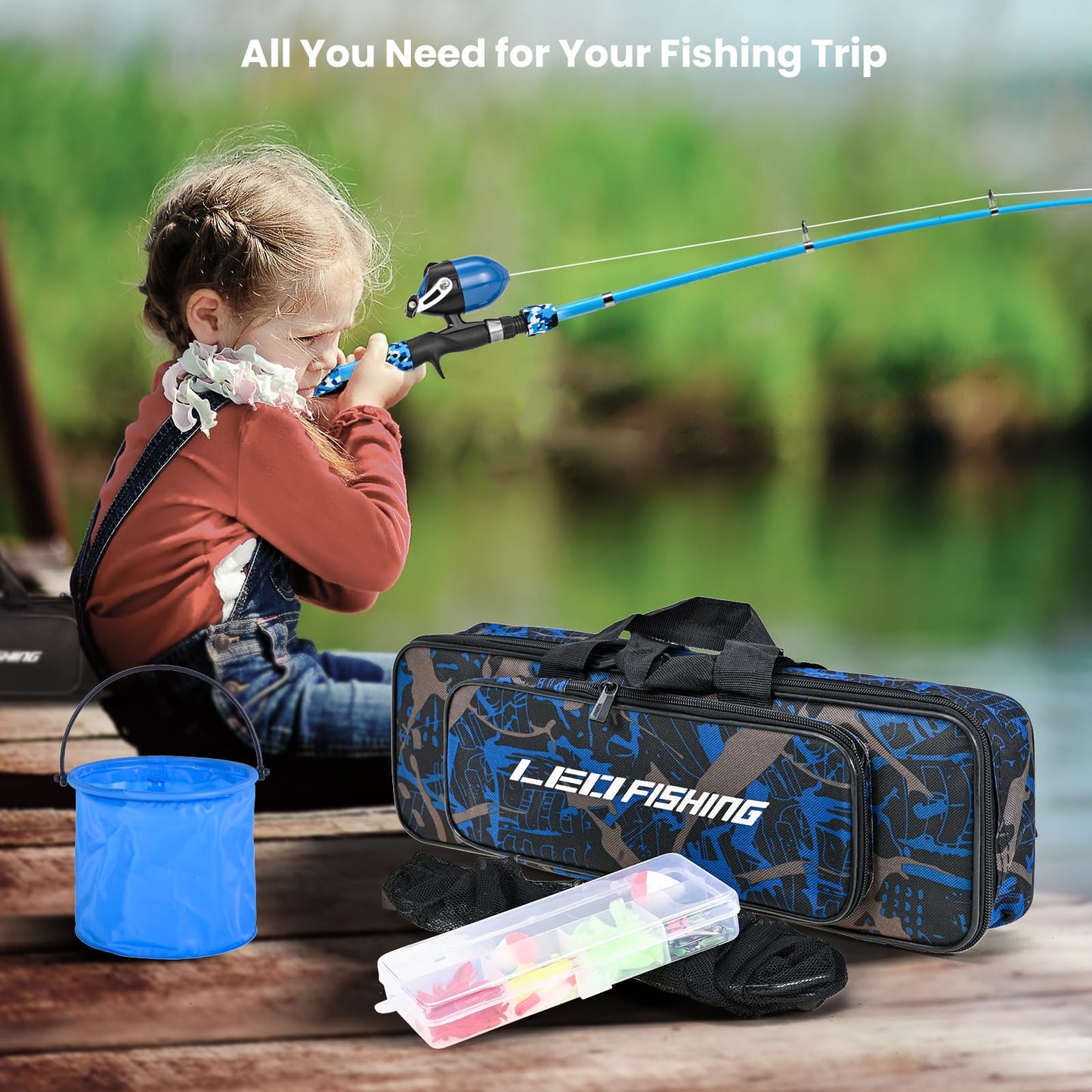 LEOFISHING 2 Set Kids Fishing Pole Set with Full Starter Kits Portable Telescopic Fishing Rod and Reel Cambos with All The Necessary Fishing Kits for Boys Girls and Youth (2set (Blue +Orange))