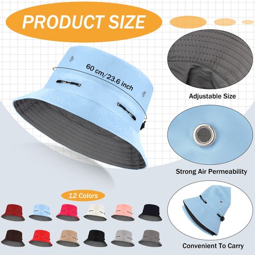 Didaey 12 Pcs Bucket Hat Summer Adjustable UV Protection Hat Bulk Wide Brim with Strings for Beach Camping Hiking(Bright Colors)