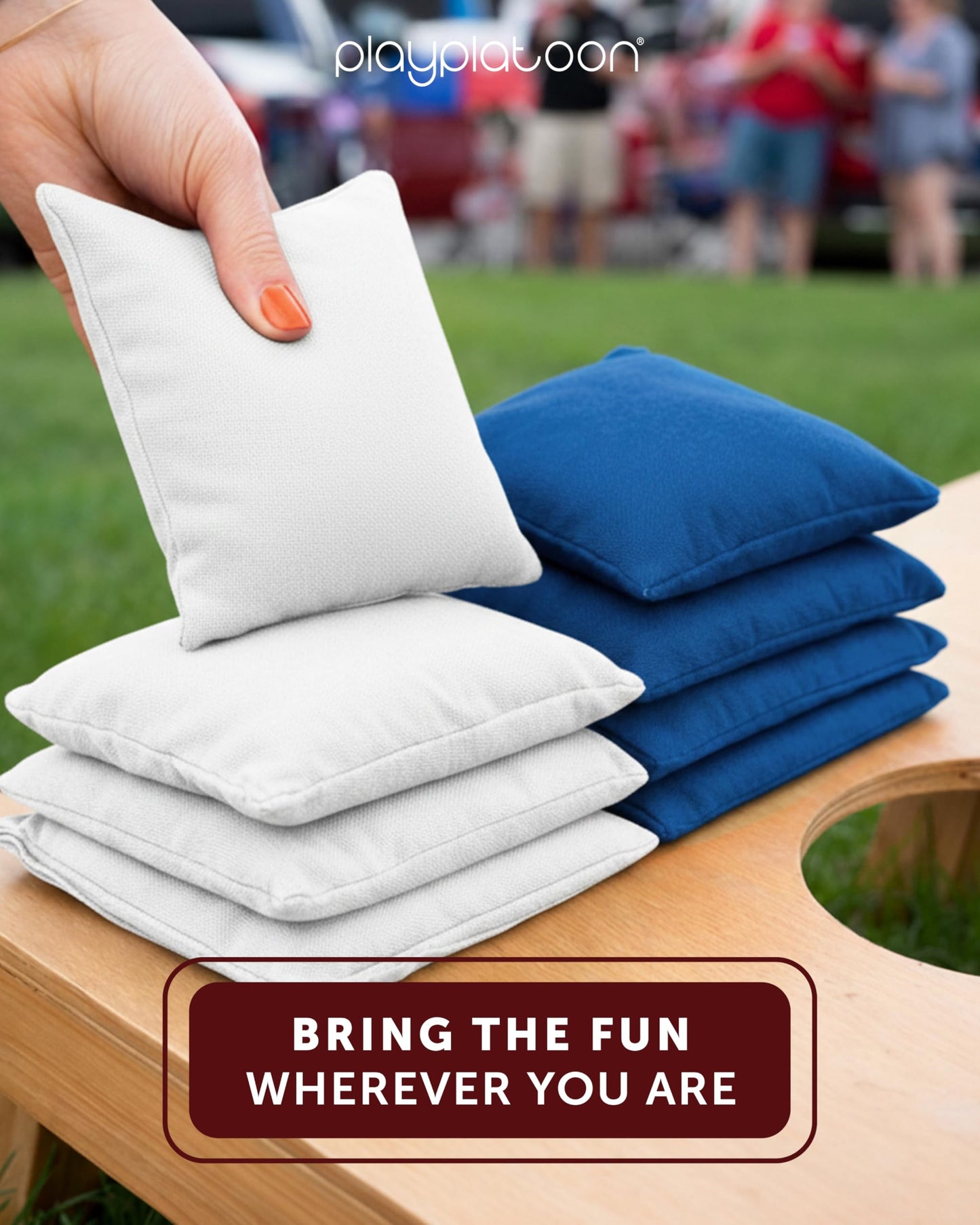 Play Platoon Weather Resistant Cornhole Bags - Set of 8 Regulation Corn Hole - Royal Blue & White - Durable Duck Cloth Corn Hole for Tossing Game, Includes Tote Bag