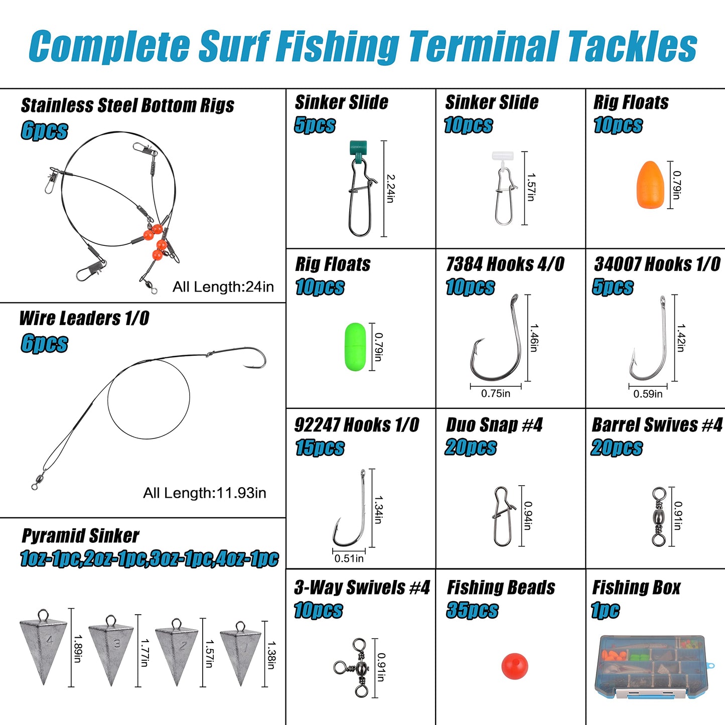 AGOOL Surf Fishing Tackle Kit, 173pcs Ocean Saltwater Fishing Lures Fish Finder Rigs Pompano Rigs Pyramid Sinker Weight Bucktail Jigs Fishing Hooks Swivels