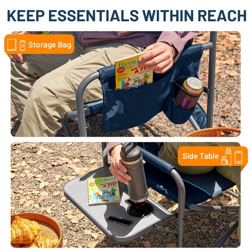 Timber Ridge XXL Director’s Chair – Heavy Duty Folding Chair with Side Table, 500 lb Capacity, Extra Wide Padded Seat for Camping, Sports, Beach, Patio, and Outdoor Use, Blue