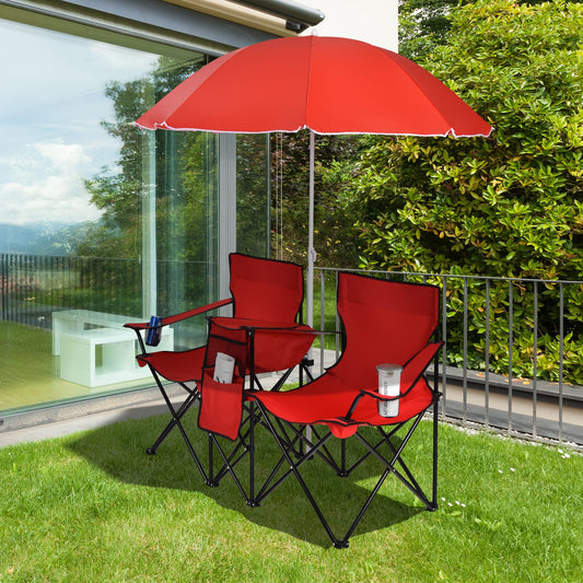 Julimoon Double Folding Camping Chairs w/Removable Umbrella, Portable Picnic Loveseat w/Mini Table, Cup Holder & Carrying Bag, 2-Person Picnic Chairs for Patio, Beach, Picnic, Outdoor (Red)