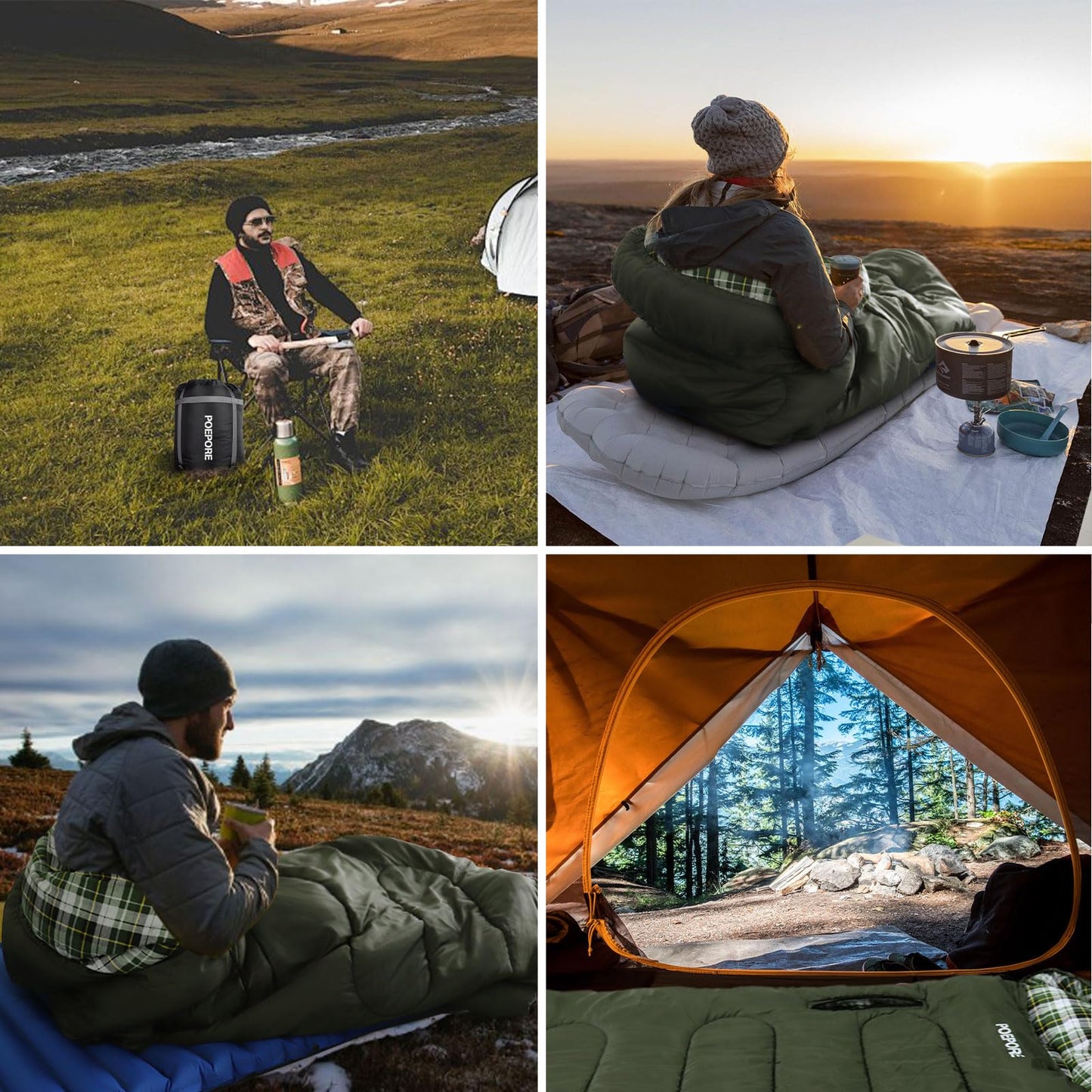POEPORE Flannel Sleeping Bag Lightweight Warm Weather 3-4 Seasons for Adults XL Wearable Sleeping Bag Waterproof with Compression Sack Olive