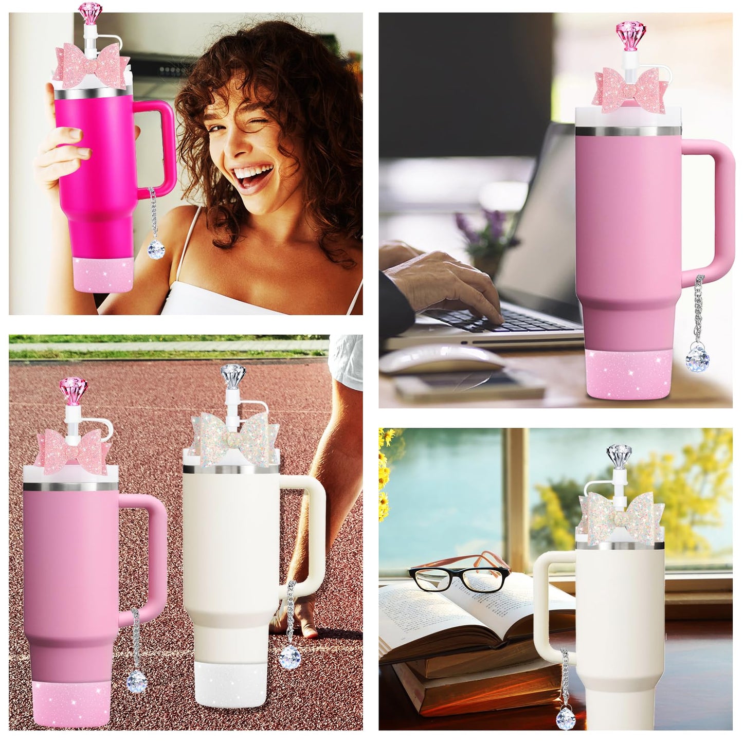 8Pcs Diamond Accessories for Stanley Cup Glitter Straw Topper Silicone Boot Bow Tie Crystal Handle Charms for Stanley Cup 30&40 Oz Pink Tumbler Cup Water Bottle Accessories Set Reusable Straw Cover
