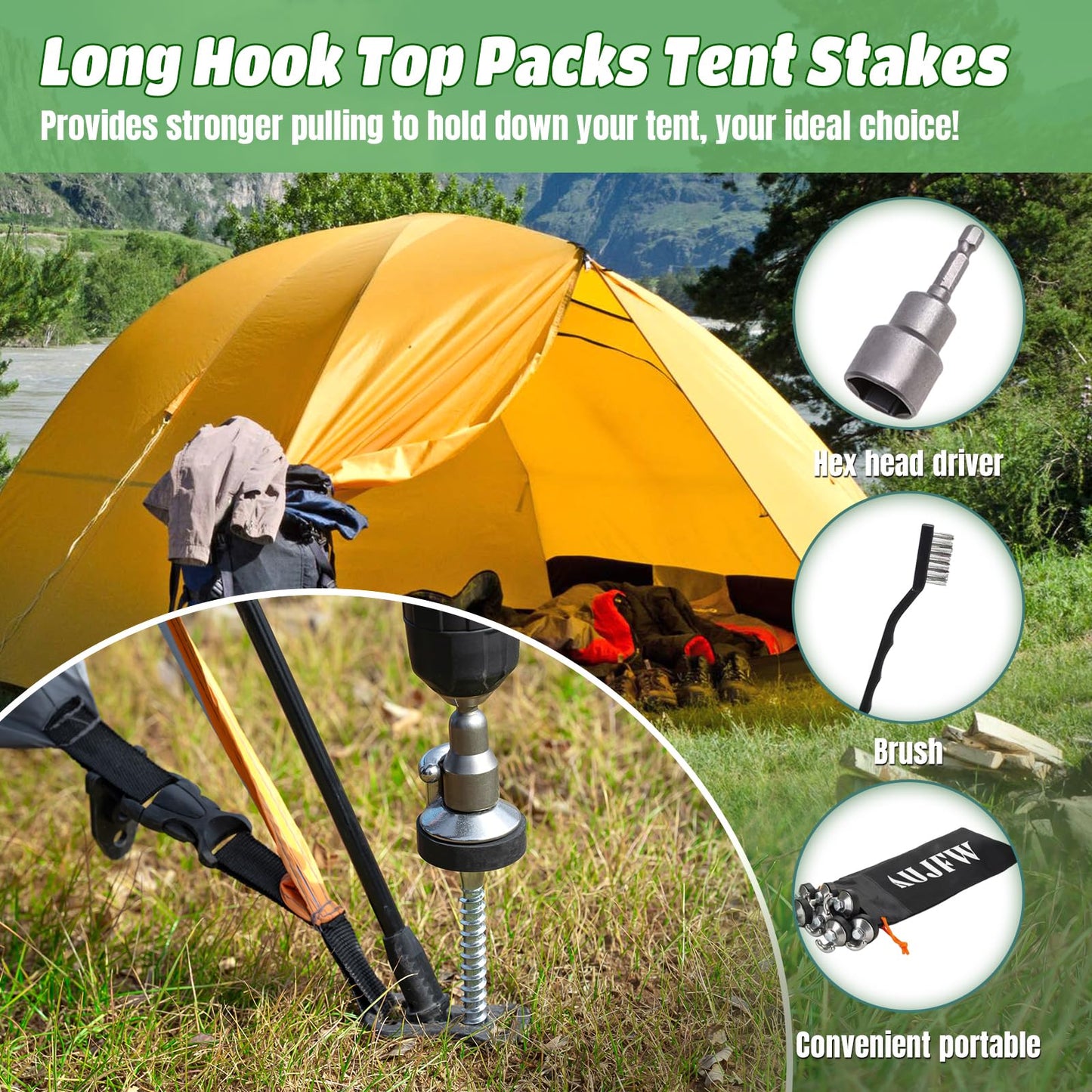16 Pcs 12" Drillable Tent Stakes, Hex Pegs Stakes, Drillable Threaded Long Hook Top Packs Tent Stakes for Grassland Garden Tents Canopies Awnings Camping Travel (Hex Tool and Storage Bag)