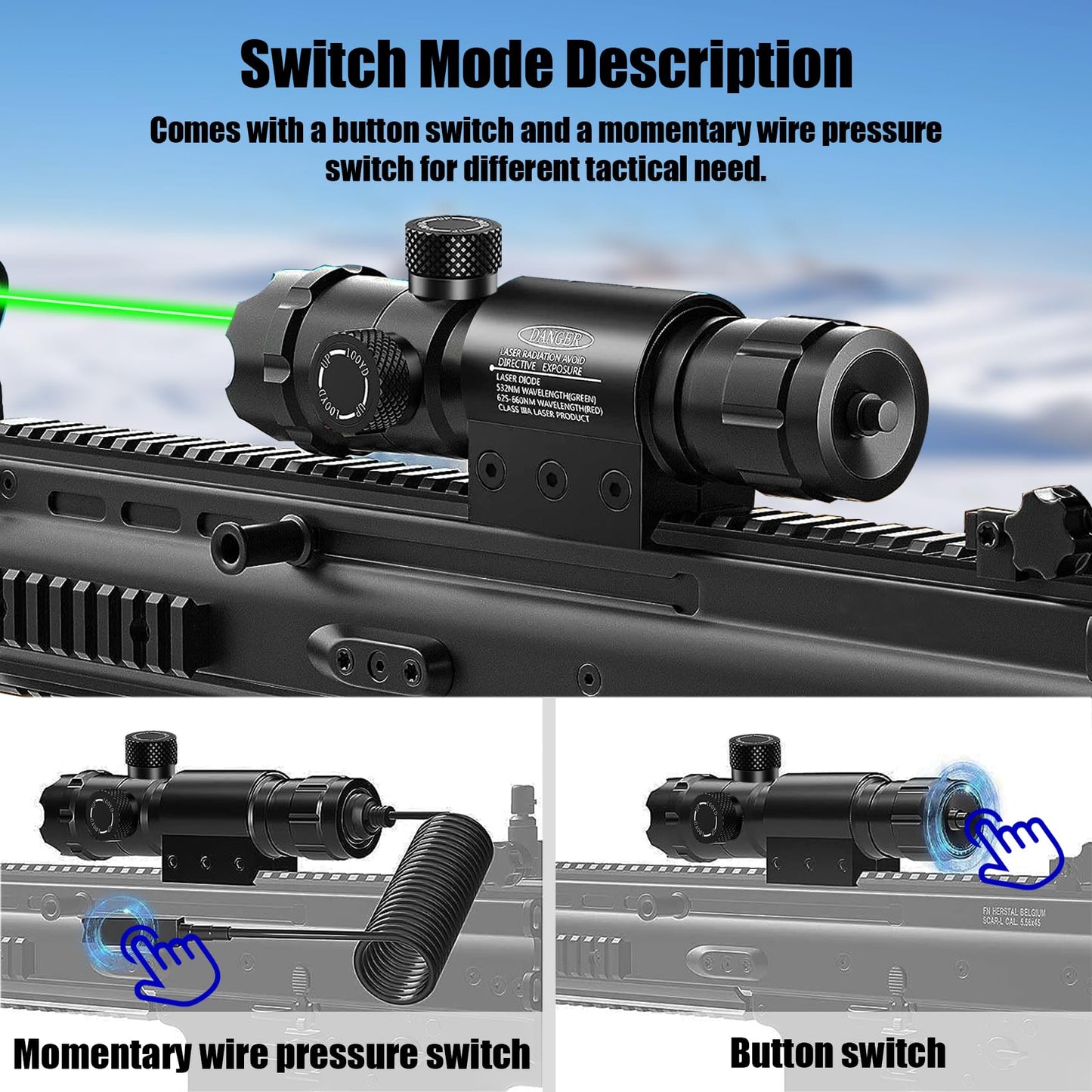 UUQ Hunting Airsoft Gun Lasers - Military Grade Green Laser Sight for Rifle with 20mm Picatinny Mount & 1'' Ring Mount Adapter, Remote Pressure Switch,Battery Dot for Accurate and Reliable Performance