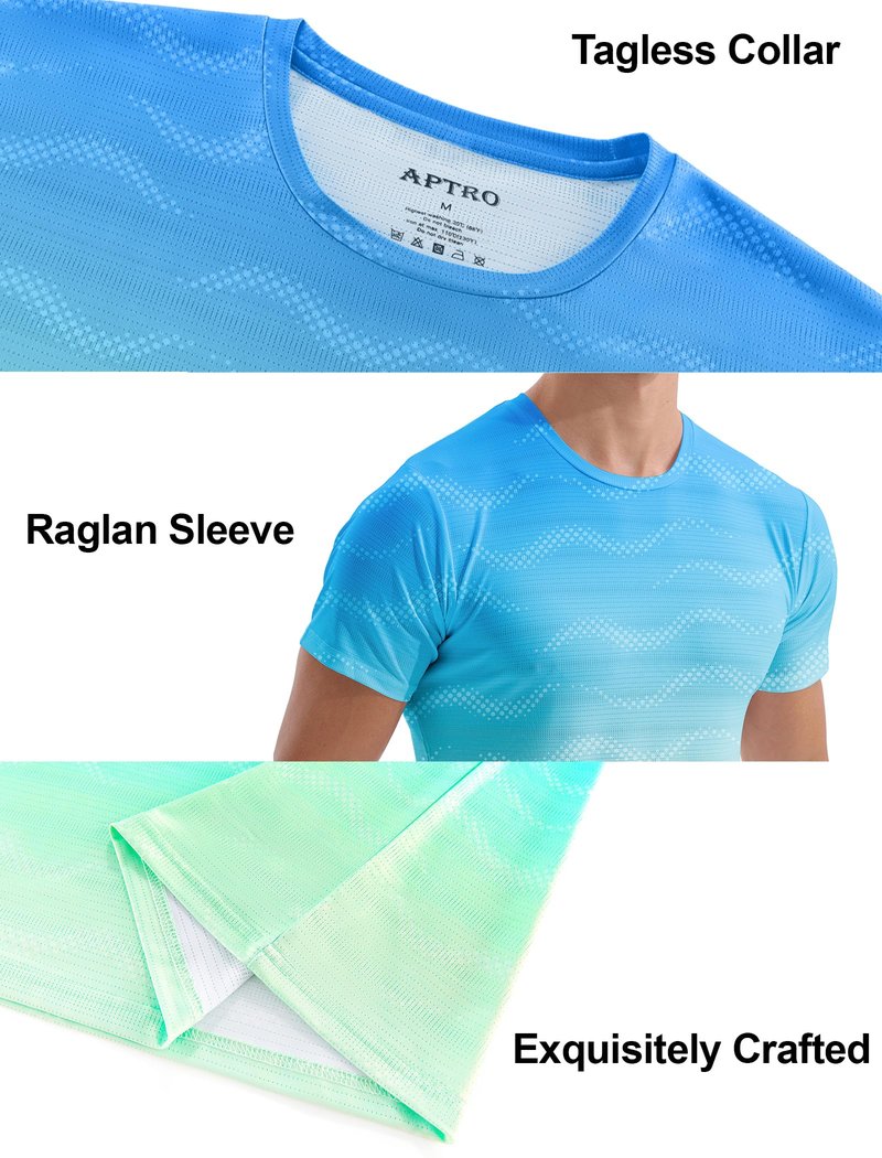 APTRO Men's Dry Fit Workout Shirts Quick Dry Gym T Shirts for Men Athletic Running Training Top Tee Moisture Wicking Lightweight Activewear - Light Blue-Green - L