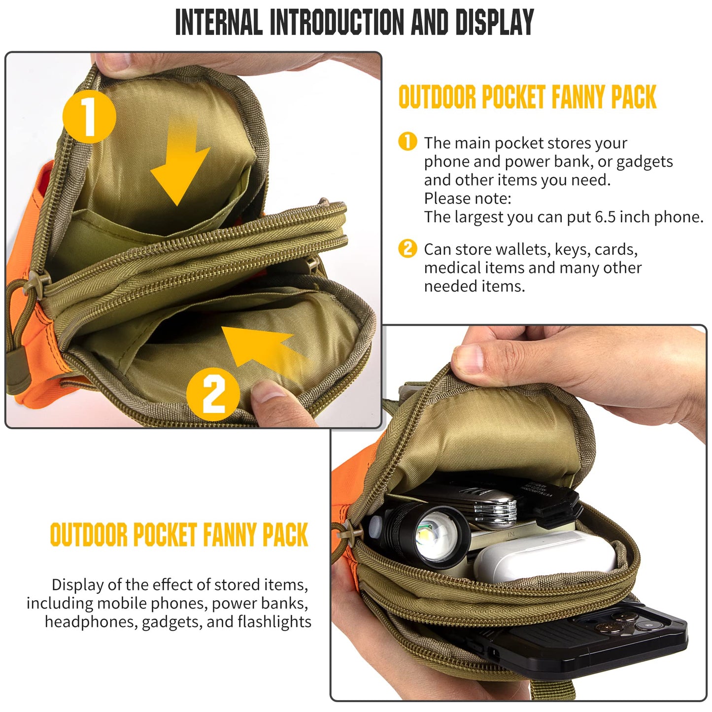 IronSeals 2 Pack Tactical Molle Pouch Compact Utility Waist Bag Phone Holster for iPhone 15 Pro Max/15 Pro/15/14 Plus/14 Pro Max/13 Pro Max/13 Pro/12 Pro/12/11 Pro Max/Xs Max (Orange*2)