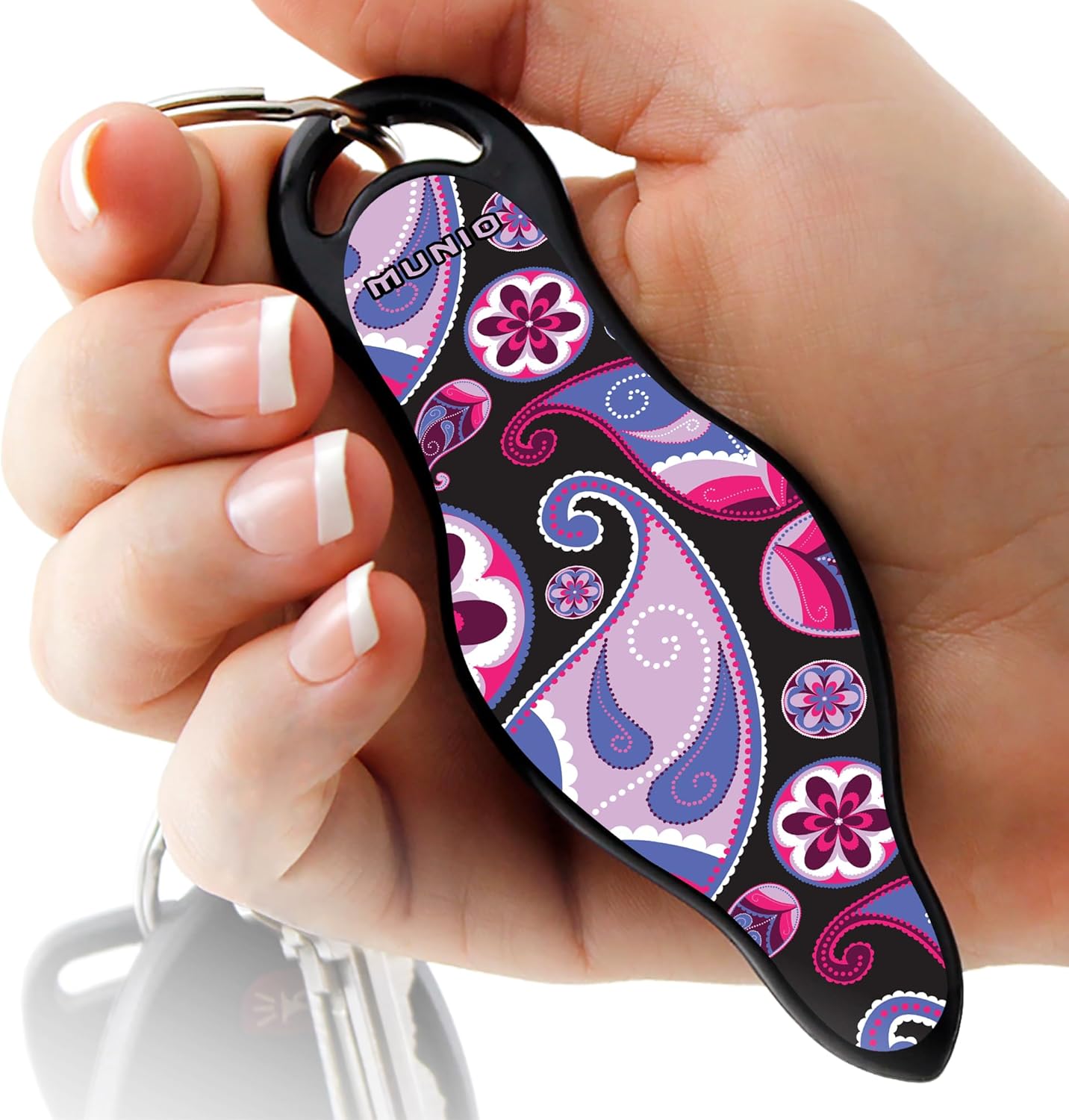 MUNIO Self Defense Keychain – Lightweight, Stylish & Portable Safety Tool for Women & Men – Non-Lethal Kubotan, Easy to Use, TSA Approved – Made in USA – Modern Flowers Design