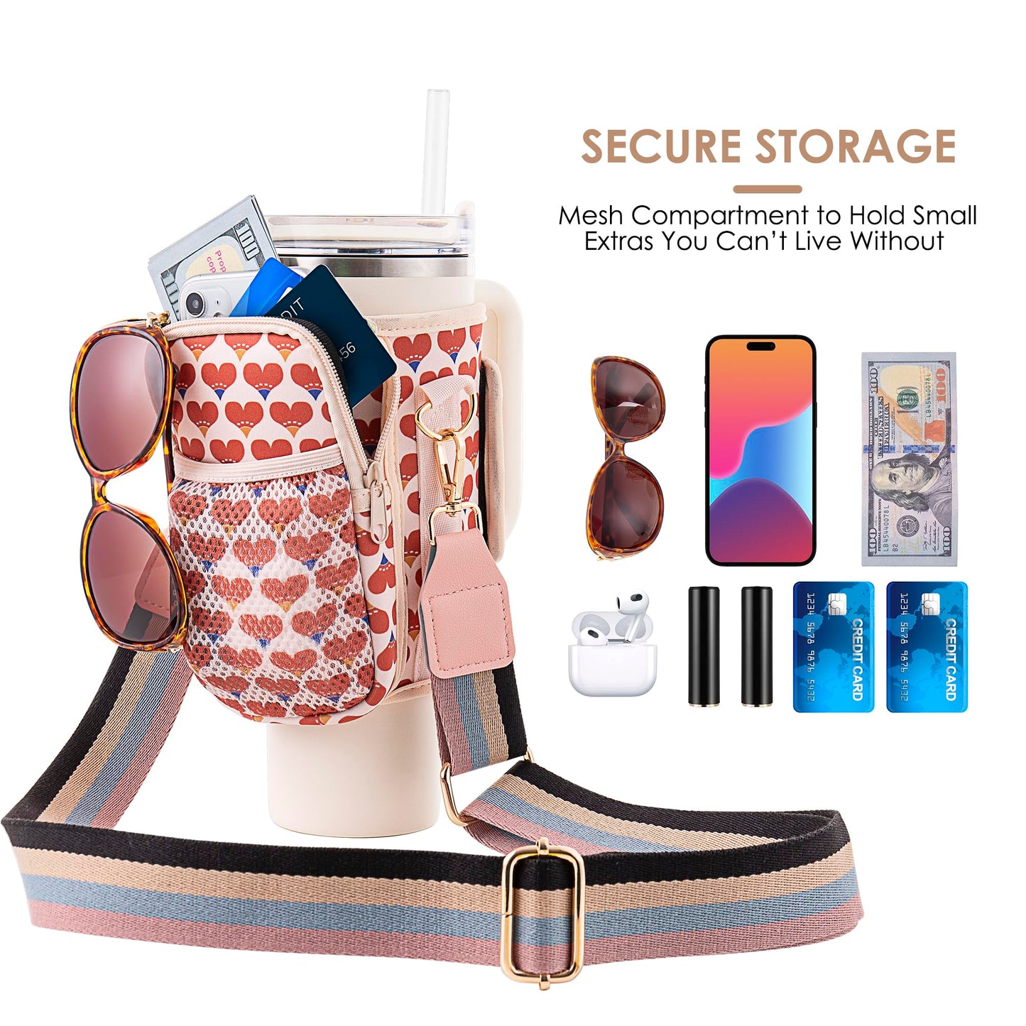 KieKuky Stanley Cup Holder with Strap for 40 oz Tumbler with Handle,Water Bottle Carrier Bag with Phone Pocket,Canvas Shoulder Strap,Stanley Cup Accessories for Sports & Outdoors