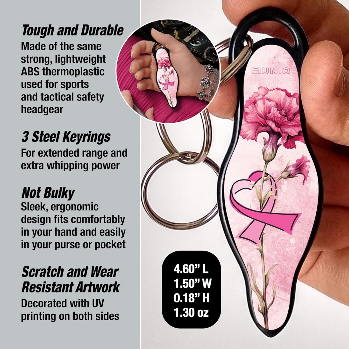 MUNIO Self Defense Keychain – Lightweight, Stylish & Portable Safety Tool for Women & Men – Non-Lethal Kubotan, Easy to Use, TSA Approved – Made in USA – Modern Flowers Design